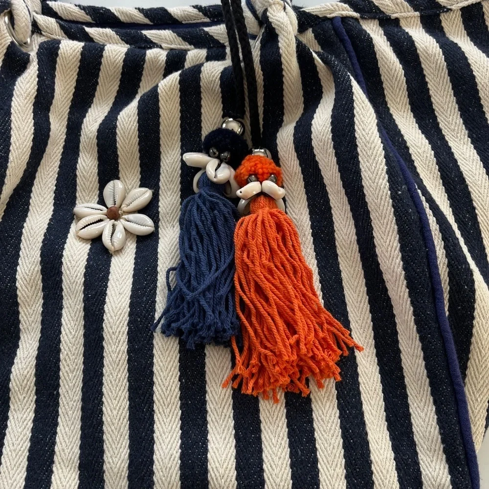 JADEtribe Valerie Rope Beach Bag OS Navy White Stripes Boho Nautical Resort Chic